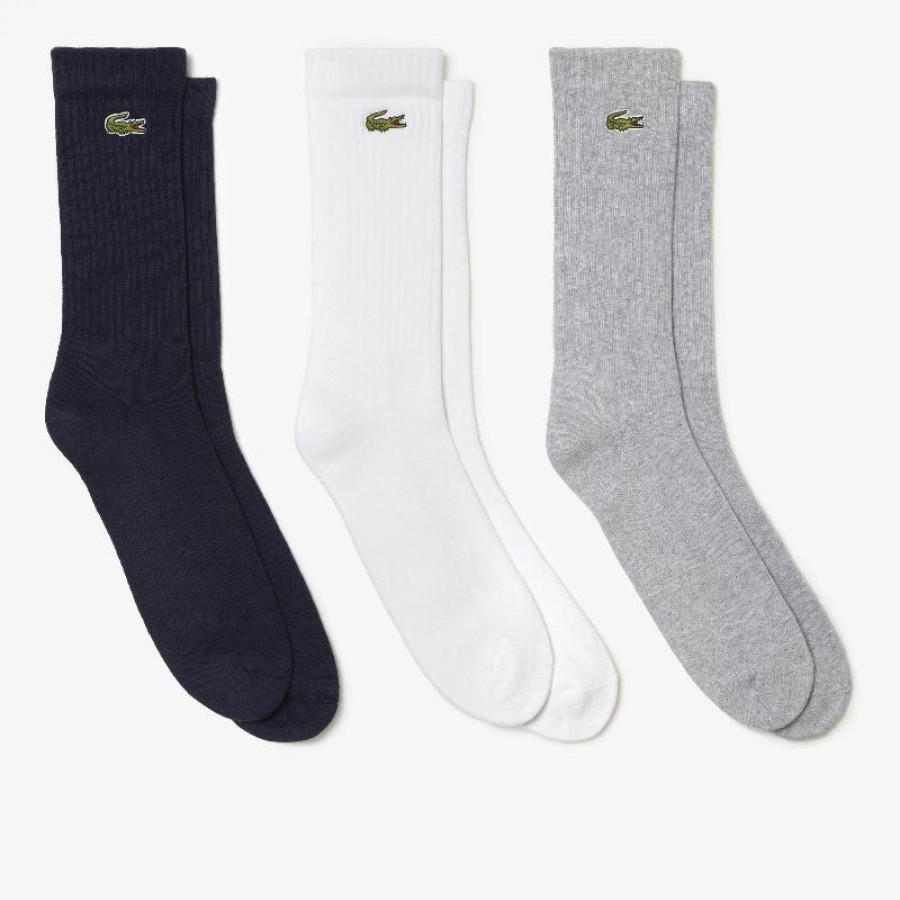 Lacoste Sport Chaussettes Coupe Haute Gris Blanc Bleu 3 Paires